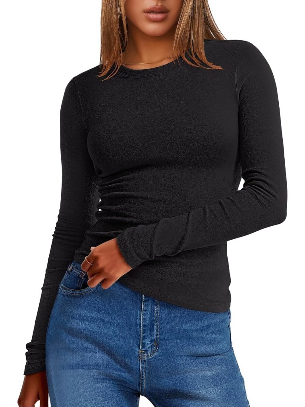 Women's Black Crew Neck Long Sleeve Slim Fitted Imported Tops Tee Shirts